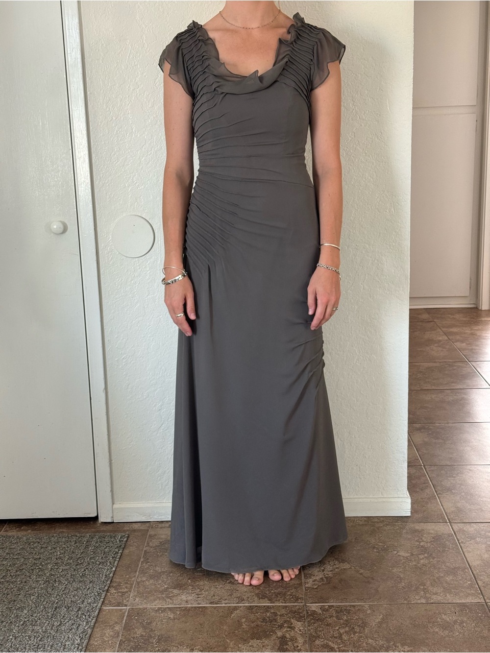 Vera Wang Gray Ruffled Pleated Maxi Dress